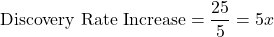 \[\text{Discovery Rate Increase} = \frac{25}{5} = 5x\]
