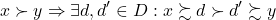 \begin{equation*}x \succ y \Rightarrow \exists d, d' \in D: x \succsim d \succ d' \succsim y\end{equation*}