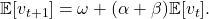 \mathbb{E}[v_{t+1}] = \omega + (\alpha + \beta) \mathbb{E}[v_t].