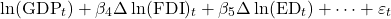 \[\ln(\text{GDP}_t) + \beta_4 \Delta \ln(\text{FDI})_t + \beta_5 \Delta \ln(\text{ED}_t) + \cdots + \varepsilon_t\]