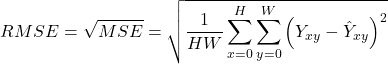 \[RMSE = \sqrt{MSE} = \sqrt{\frac{1}{HW} \sum_{x=0}^{H} \sum_{y=0}^{W} \left( Y_{xy} - \hat{Y}_{xy} \right)^2}\]
