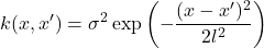 \[k(x, x') = \sigma^2 \exp\left(-\frac{(x - x')^2}{2l^2}\right)\]