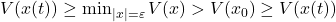 V(x(t)) \ge \min_{|x|=\varepsilon} V(x) > V(x_0) \ge V(x(t))