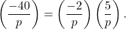 \[\left(\frac{-40}{p}\right) = \left(\frac{-2}{p}\right)\left(\frac{5}{p}\right).\]