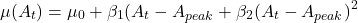 \[\mu(A_t) = \mu_0 + \beta_1(A_t - A_{peak} + \beta_2(A_t - A_{peak})^2\]