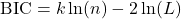 \begin{equation*}\text{BIC} = k \ln(n) - 2 \ln(L) \end{equation*}