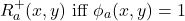 \begin{equation*}R_a^{+}(x,y) \text{ iff } \phi_a(x,y)=1\end{equation*}