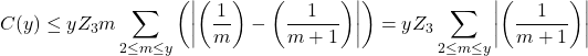 \[C(y) \leq y Z_3 m \sum_{2 \leq m \leq y}\left(\left|\left(\frac{1}{m}\right)-\left(\frac{1}{m+1}\right)\right|\right)=y Z_3 \sum_{2 \leq m \leq y}\left|\left(\frac{1}{m+1}\right)\right|\]