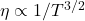 \eta \propto 1/T^{3/2}