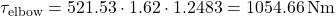 \[\tau_{\text{elbow}} = 521.53 \cdot 1.62 \cdot 1.2483 = 1054.66\, \text{Nm}\]