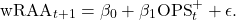\[\text{wRAA}_{t+1} = \beta_0 + \beta_1 \text{OPS}^+_t + \epsilon.\]