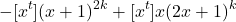 \[-[x^t]{(x+1)}^{2k}+[x^t]x{(2x+1)}^k\]