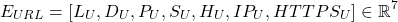 \begin{equation*}E_{URL} = [ L_U , D_U , P_U , S_U , H_U , IP_U , HTTPS_U ] \in \mathbb{R}^{7}\end{equation*}
