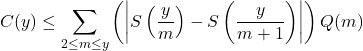 \[C(y) \leq \sum_{2 \leq m \leq y}\left(\left|S\left(\frac{y}{m}\right)-S\left(\frac{y}{m+1}\right)\right|\right) Q(m)\]