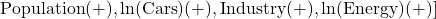 \[\text{Population}(+), \ln(\text{Cars})(+), \text{Industry}(+), \ln(\text{Energy})(+)]\]