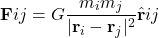 \[\mathbf{F}{ij} = G \frac{m_i m_j}{|\mathbf{r}_i - \mathbf{r}_j|^2} \hat{\mathbf{r}}{ij}\]