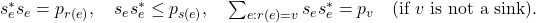 s_e^* s_e = p_{r(e)}, \quad s_e s_e^* \leq p_{s(e)}, \quad \sum_{e: r(e)=v} s_e s_e^* = p_v \quad \text{(if } v \text{ is not a sink)}.