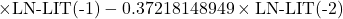\[\times \text{LN-LIT(-1)} - 0.37218148949 \times \text{LN-LIT(-2)}\]