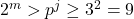 2^m > p^j \geq 3^2 = 9