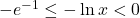 -e^{-1} \leq -\ln x < 0