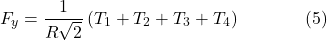 \[F_y = \frac{1}{R\sqrt{2}} \left( T_1 + T_2 + T_3 + T_4 \right) \hspace{40pt} \text{(5)}\]