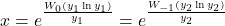 \begin{equation*}x = e^{\frac{W_0(y_1 \ln y_1)}{y_1}} = e^{\frac{W_{-1}(y_2 \ln y_2)}{y_2}}\end{equation*}