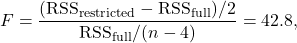 \[F = \frac{(\text{RSS}_{\text{restricted}} - \text{RSS}_{\text{full}})/2}{\text{RSS}_{\text{full}}/(n-4)} = 42.8,\]