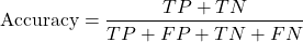 \[\text{Accuracy}= \frac{TP+TN}{TP+FP+TN+FN}\]