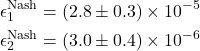 Rendered by QuickLaTeX.com \begin{align*}\epsilon^{\text{Nash}}_1 &= (2.8 \pm 0.3) \times 10^{-5}\\\epsilon^{\text{Nash}}_2 &= (3.0 \pm 0.4) \times 10^{-6}\end{align*}