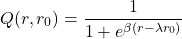 \begin{equation*}Q(r, r_0) = \frac{1}{1 + e^{\beta (r - \lambda r_0)}}\end{equation*}