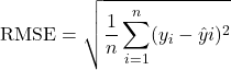 \[\text{RMSE} = \sqrt{\frac{1}{n} \sum_{i=1}^{n} (y_i - \hat{y}i)^2}\]