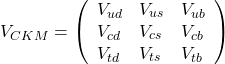 Rendered by QuickLaTeX.com \begin{equation*}V_{C K M}=\left(\begin{array}{lll}V_{u d} & V_{u s} & V_{u b} \\V_{c d} & V_{c s} & V_{c b} \\V_{t d} & V_{t s} & V_{t b}\end{array}\right)\end{equation*}
