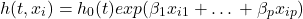 \begin{equation*}h(t,x_i) = h_0(t) exp(\beta_1 x_{i1} +…+\beta_{p}x_{ip})\end{equation*}