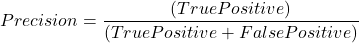 \[Precision = \frac{(True Positive)}{(True Positive+False Positive)}\]
