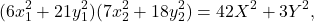 \[(6x_1^2+21y_1^2 )(7x_2^2+18y_2^2 )=42X^2+3Y^2,\]
