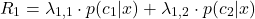 \begin{equation*}R_1 = \lambda_{1,1} \cdot p(c_1|x) + \lambda_{1,2} \cdot p(c_2|x)\end{equation*}