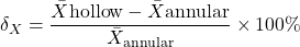 \begin{equation*}\delta_X = \frac{\bar{X}{\mathrm{hollow}} - \bar{X}{\mathrm{annular}}}{\bar{X}_{\mathrm{annular}}} \times 100\%\end{equation*}
