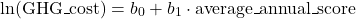 \[\ln(\text{GHG\_cost}) = b_0 + b_1 \cdot \text{average\_annual\_score}\]