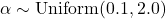 \alpha \sim \text{Uniform}(0.1, 2.0)