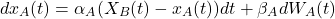 \begin{equation*}dx_A(t) = \alpha_A(X_B(t) - x_A(t))dt + \beta_A dW_A(t)\end{equation*}