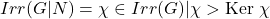 \[Irr(G|N) = { \chi \in Irr(G) | \chi > \text{Ker } \chi }\]