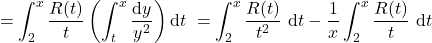 \[=\int_2^x \frac{R(t)}{t}\left(\int_t^x \frac{\mathrm{d} y}{y^2}\right) \mathrm{d} t\ &= \int_2^x \frac{R(t)}{t^2} \mathrm{~d} t-\frac{1}{x} \int_2^x \frac{R(t)}{t} \mathrm{~d} t\]