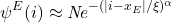 \begin{equation*}\psi^{E} (i) \approx \emph{N} e^{-(|i-x_E|/\xi)^\alpha}\end{equation*}