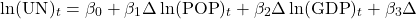 \[\ln(\text{UN})_t = \beta_0 + \beta_1 \Delta \ln(\text{POP})_t + \beta_2 \Delta \ln(\text{GDP})_t + \beta_3 \Delta\]