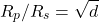 \begin{equation*}R_p /R_s =\sqrt{d}\end{equation*}