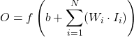 \begin{equation*}O = f\left(b + \sum_{i=1}^{N} (W_i \cdot I_i)\right) \end{equation*}
