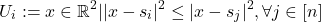 \[U_i := {x \in \mathbb{R}^2 \;|\; |x - s_i|^2 \leq |x - s_j|^2, \; \forall j \in [n]} \]