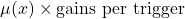 \mu(x) \times \text{gains per trigger}
