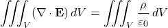 \begin{equation*}\iiint_V (\nabla \cdot \mathbf{E}) \, dV = \iiint_V \frac{\rho}{\varepsilon_0} \, dV\end{equation*}