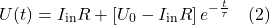 \[U(t) = I_{\text{in}}R + \left[ U_0 - I_{\text{in}}R \right] e^{-\frac{t}{\tau}} \quad (2)\]